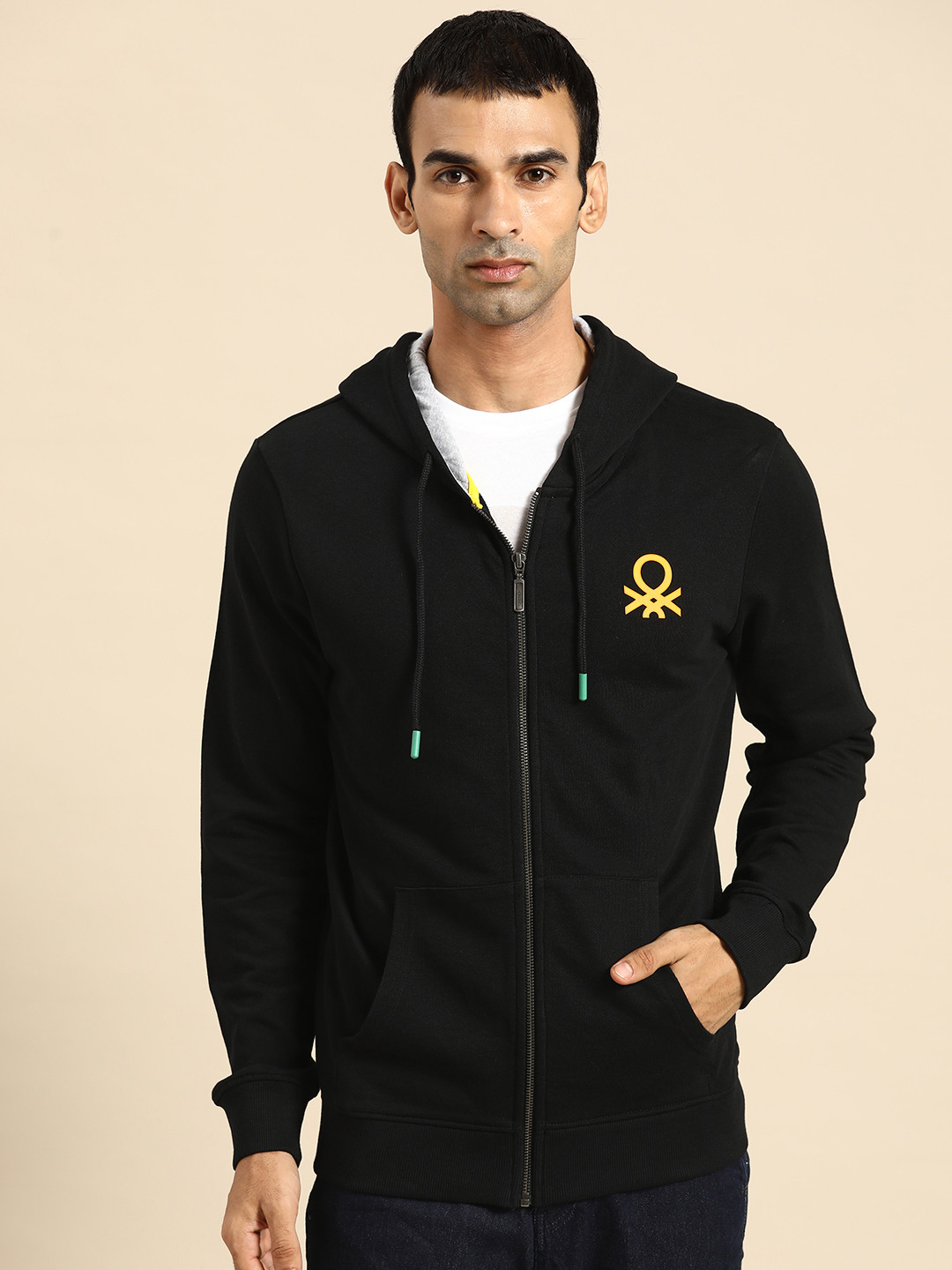 

United Colors of Benetton Men Black Cotton Hooded Sweatshirt