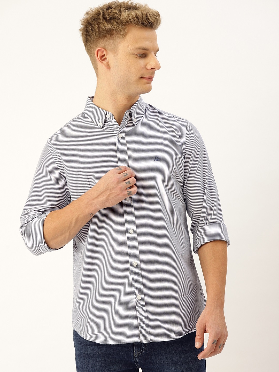 United Colors of Benetton Men Navy Blue & White Slim Fit Striped Casual Shirt