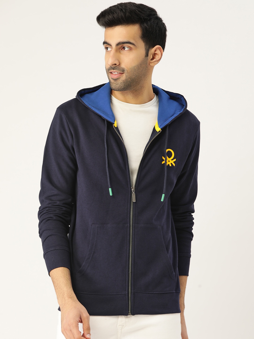 

United Colors of Benetton Men Navy Blue Solid Hooded Sweatshirt