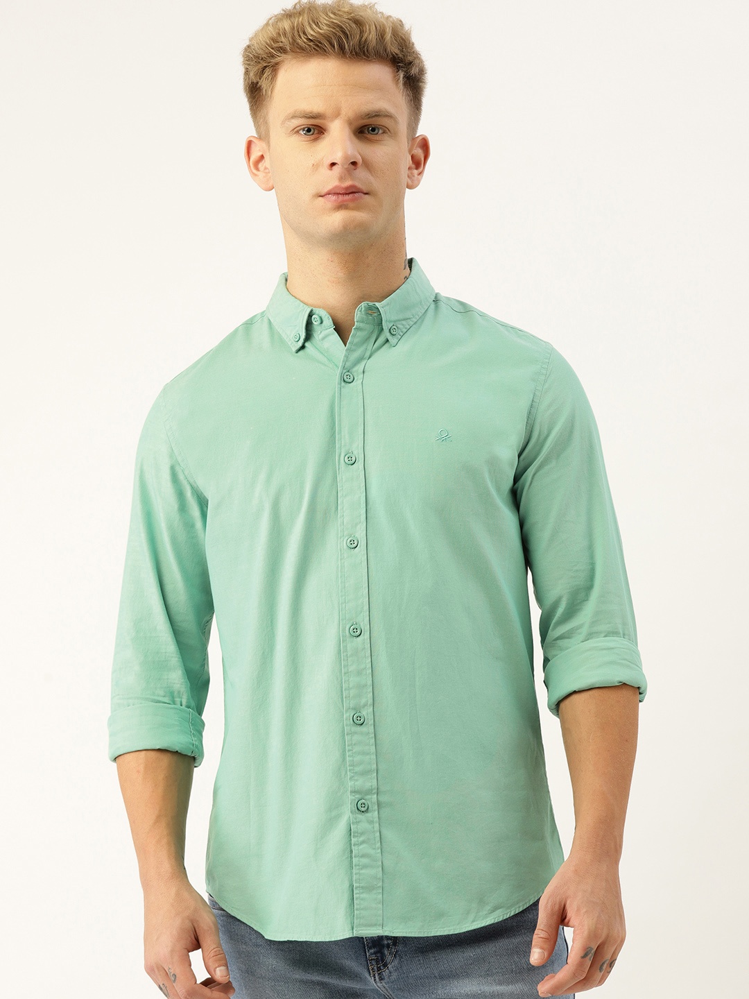 

United Colors of Benetton Men Green Oxford Cotton Slim Fit Solid Casual Shirt