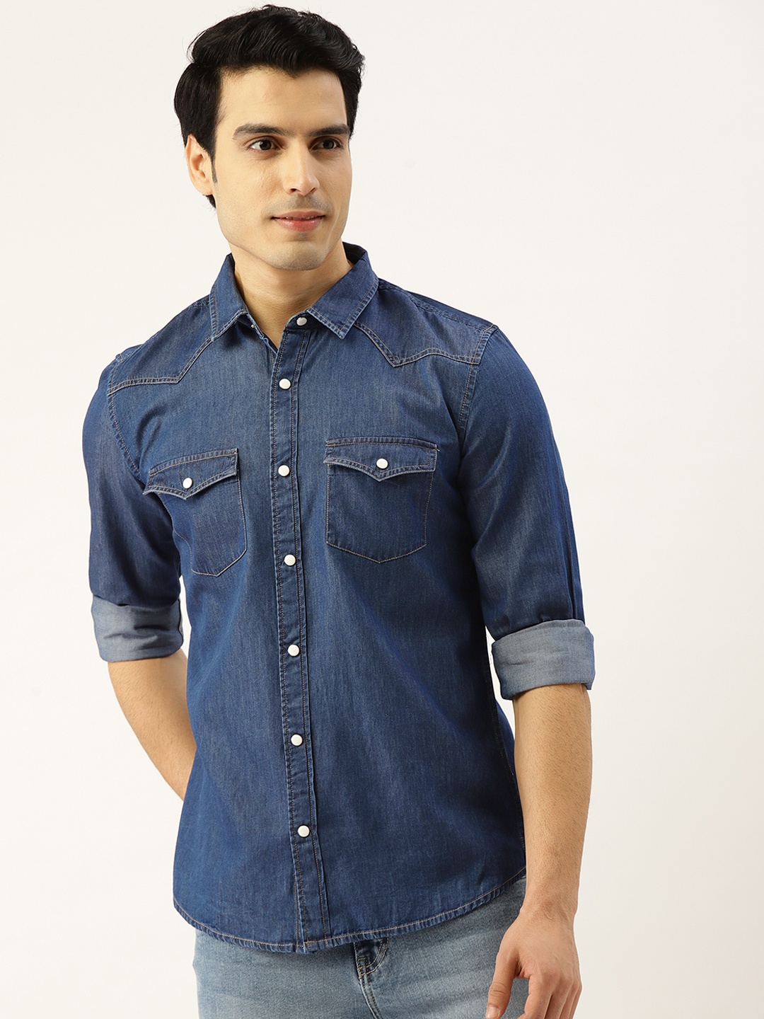 

United Colors of Benetton Men Navy Blue Slim Fit Casual Denim Shirt