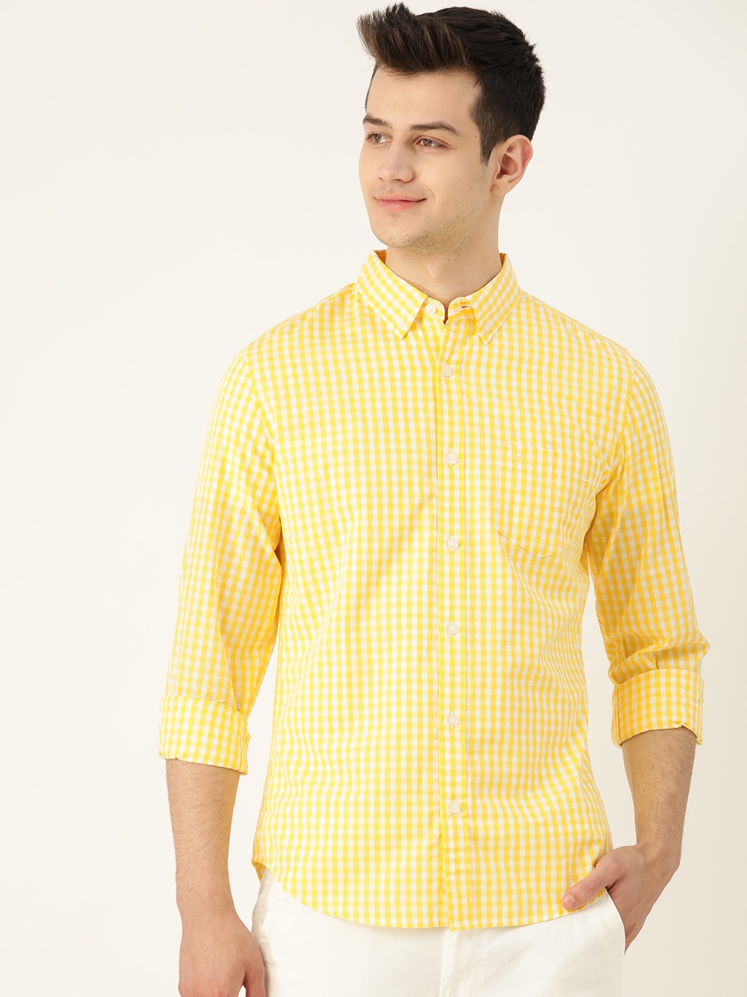 

United Colors of Benetton Men Yellow & White Slim Fit Checked Casual Shirt