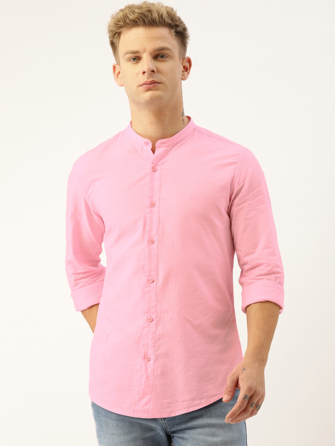 

United Colors of Benetton Men Pink Slub Cotton Slim Fit Solid Casual Shirt