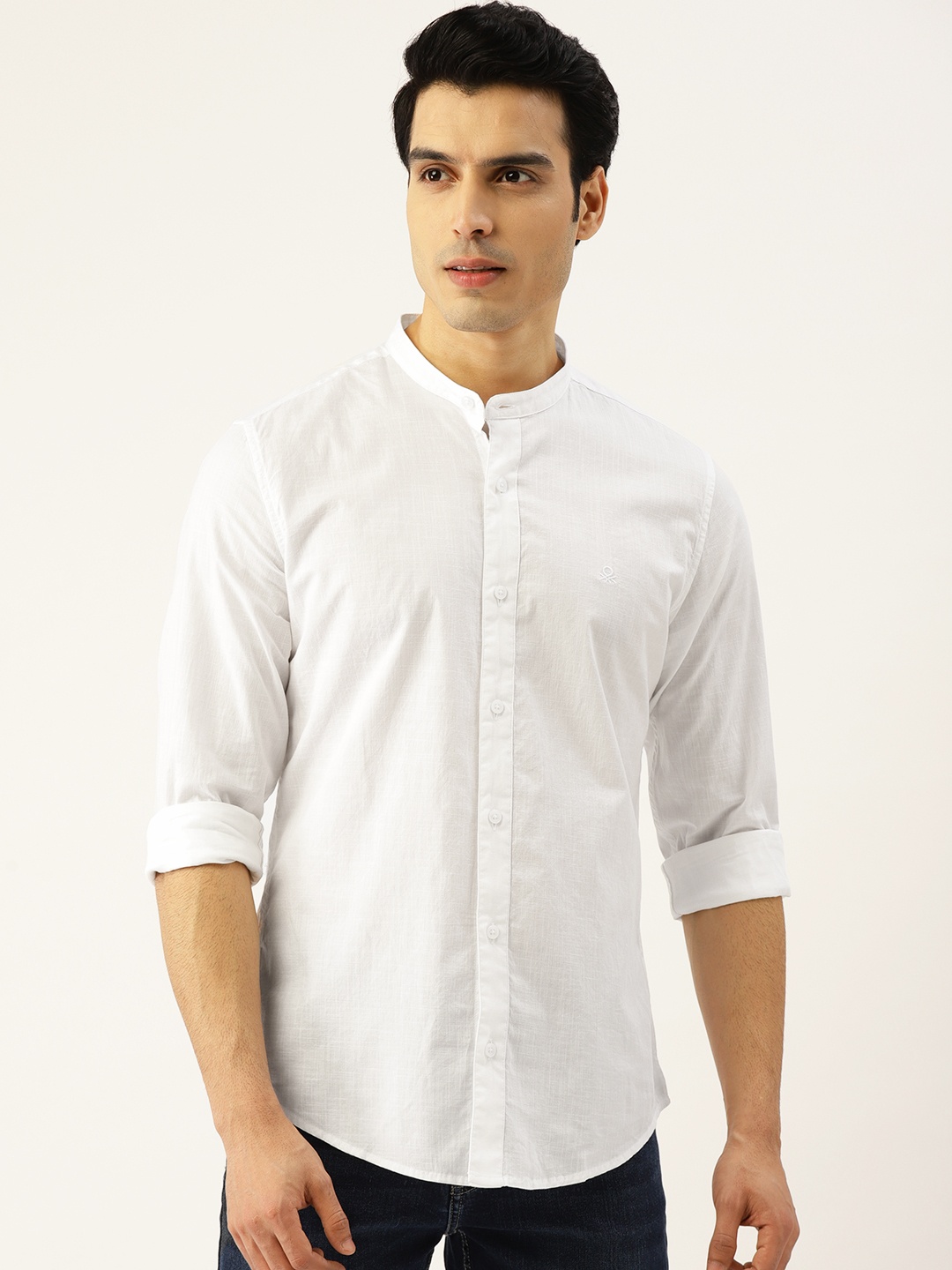 

United Colors of Benetton Men White Slub Cotton Slim Fit Solid Casual Shirt