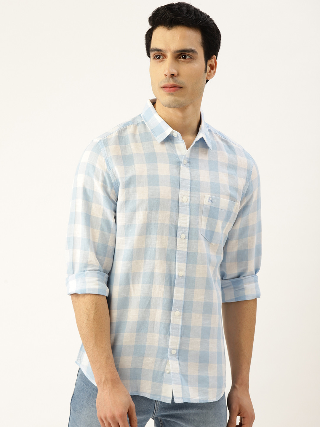

United Colors of Benetton Men Blue & White Slim Fit Checked Casual Shirt