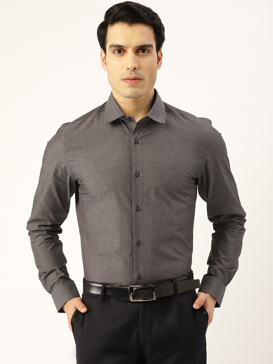 

United Colors of Benetton Men Charcoal Grey Slim Fit Formal Shirt