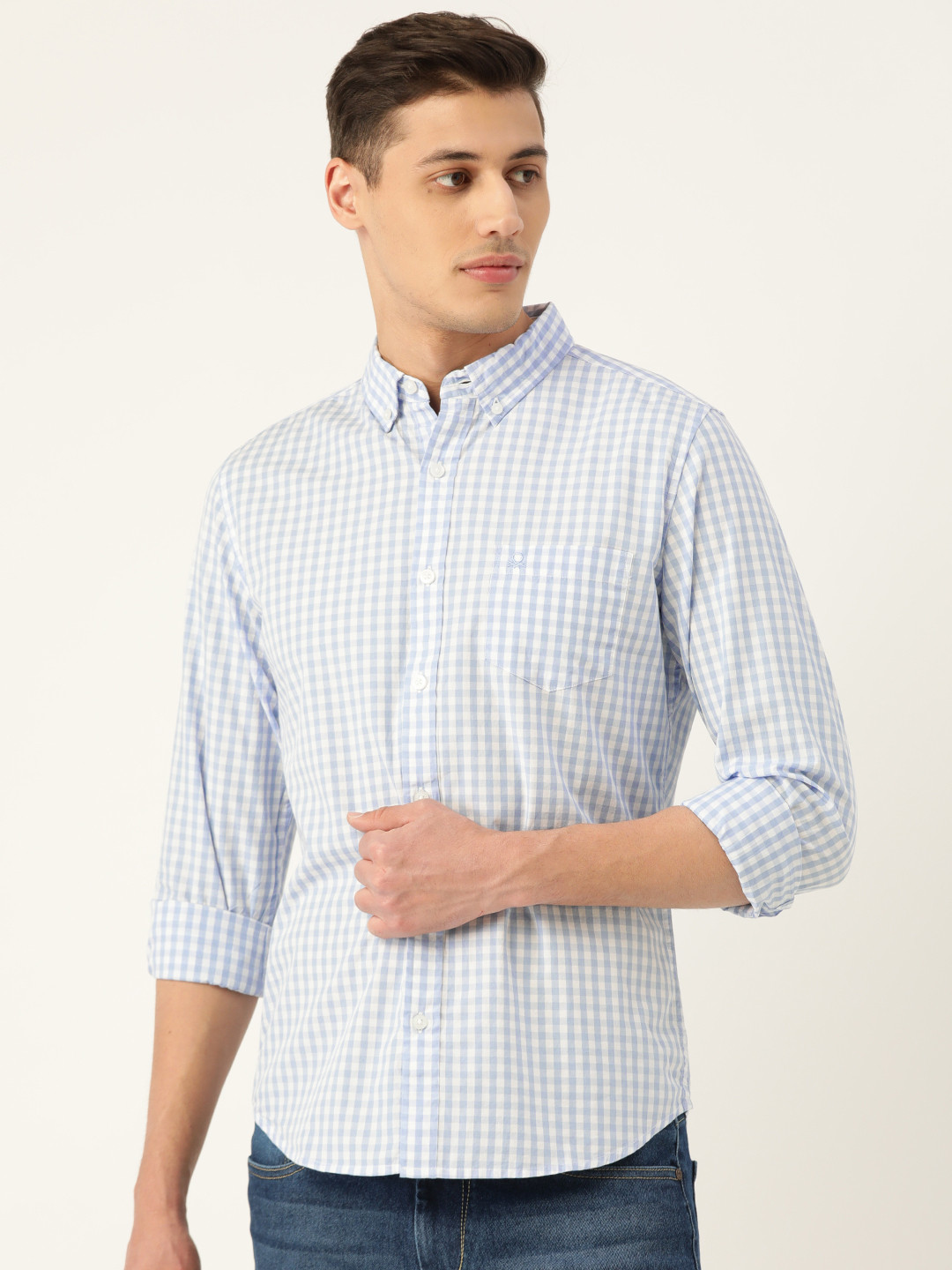 

United Colors of Benetton Men Blue & White Slim Fit Checked Casual Shirt