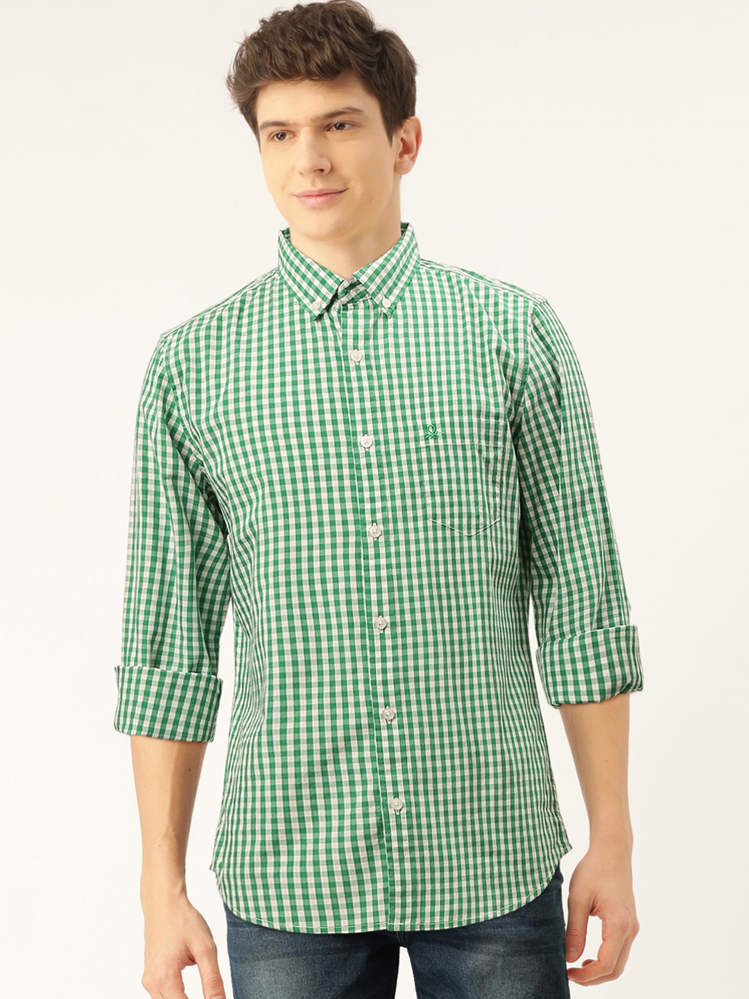United Colors of Benetton Men Green & White Pure Cotton Slim Fit Checked Casual Shirt