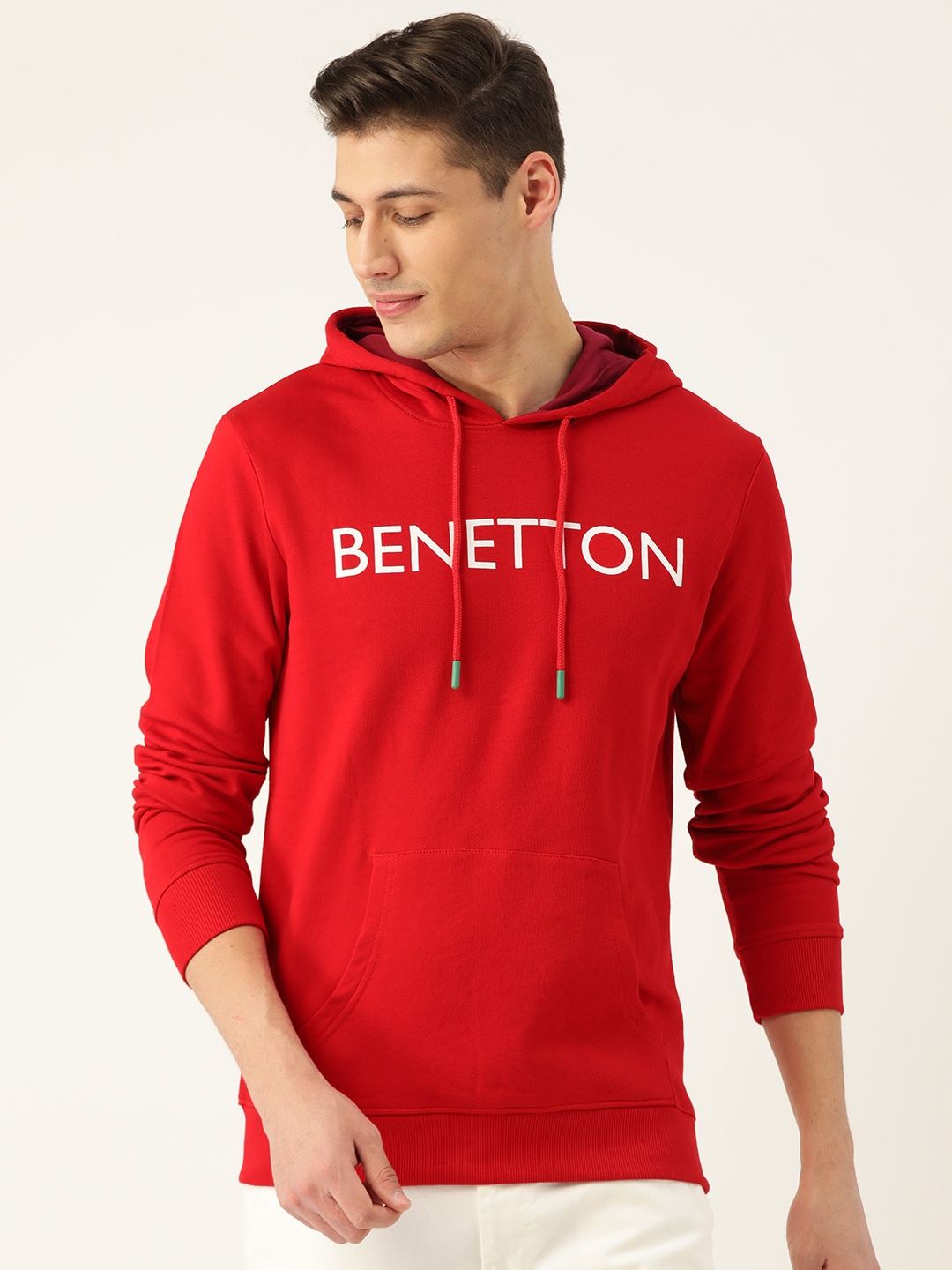 

United Colors of Benetton Men Red & White Brand Logo Printed Hooded Sweatshirt
