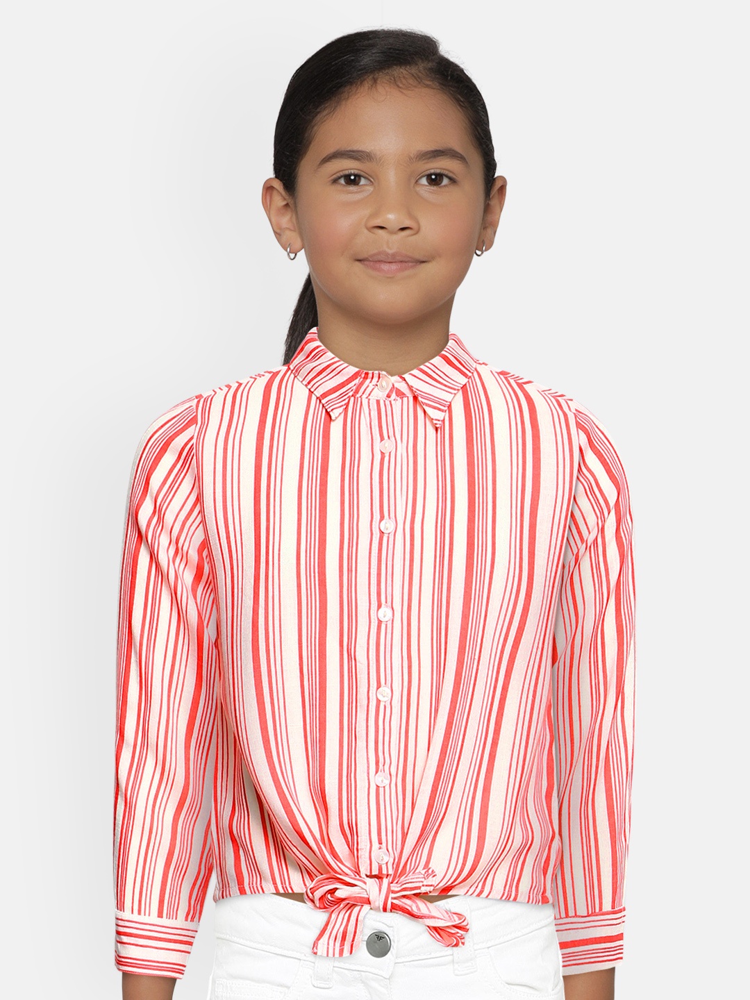 

Global Desi Girls Coral Pink & White Striped Regular Fit Casual Shirt