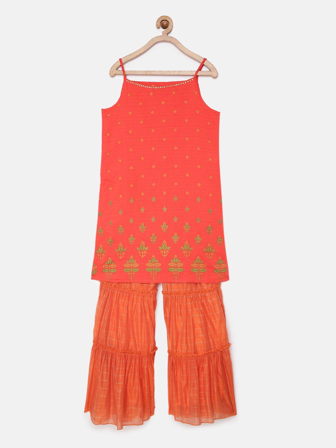 

Global Desi Girls Coral Red Printed Kurta with Palazzos