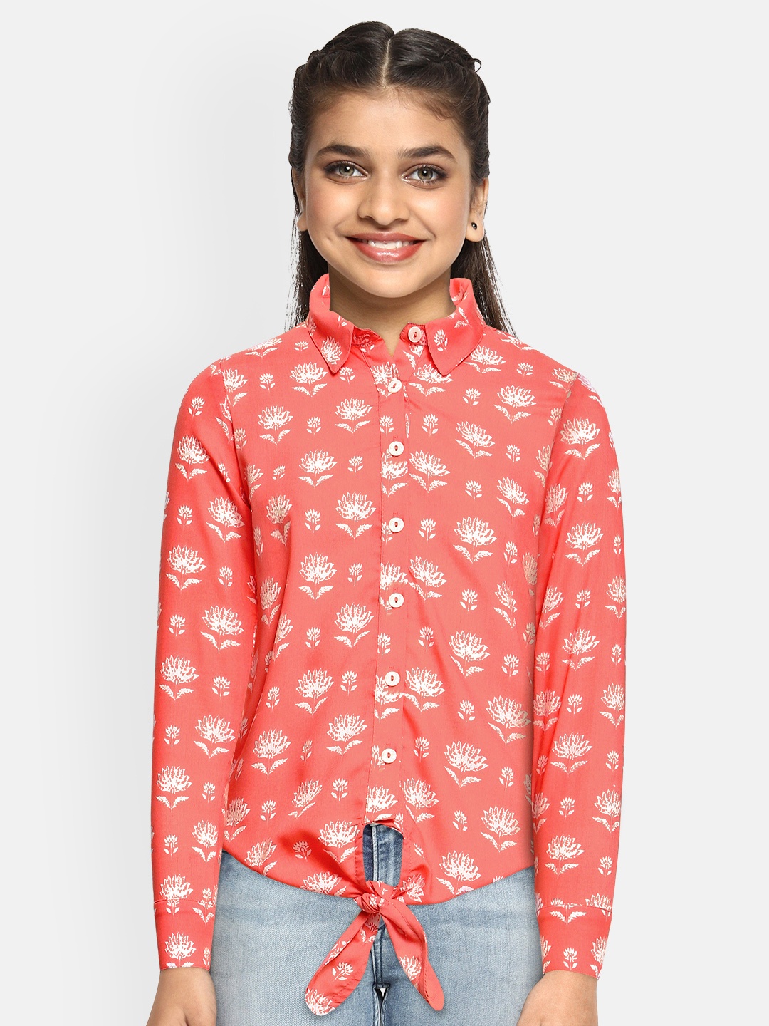 

Global Desi Girls Peach-Coloured & White Floral Printed Shirt Style Top