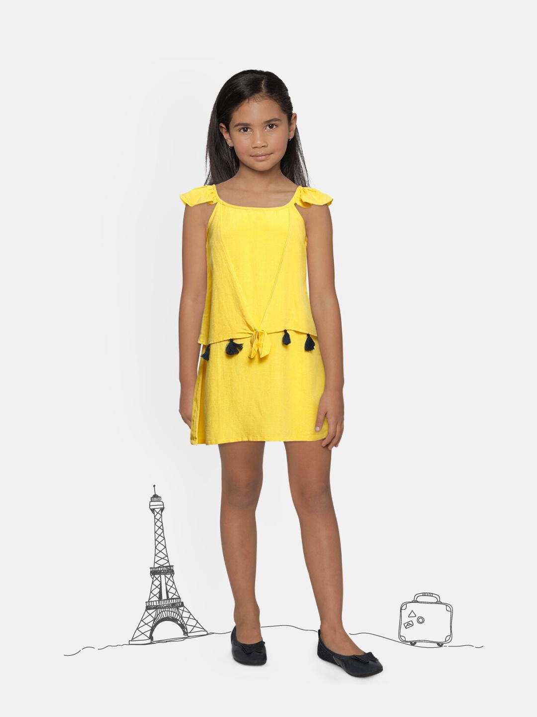 Global Desi Girls Yellow Self-Design Sleeveless Tassel Top