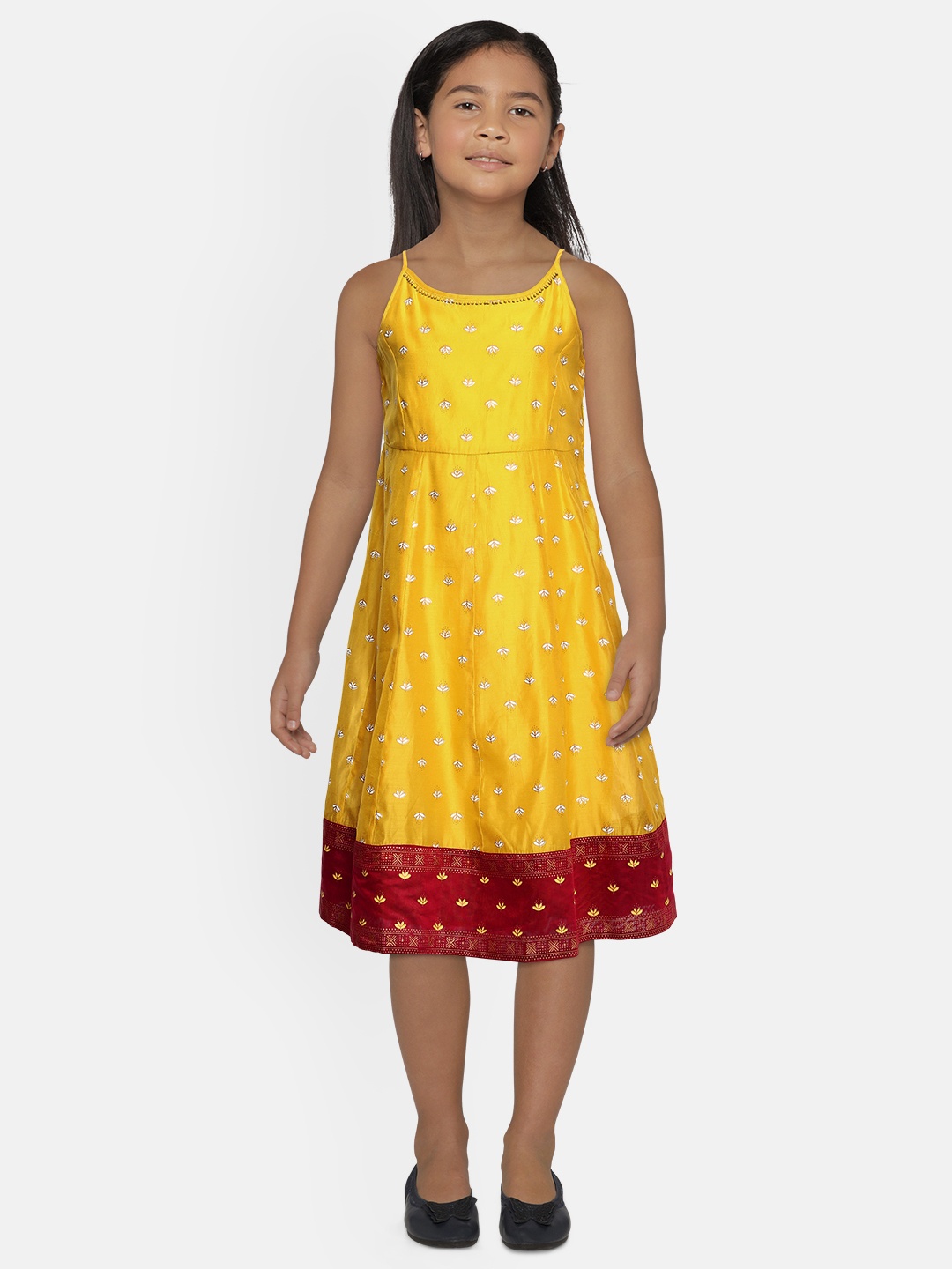 

Global Desi Girls Mustard Yellow Ethnic Print Empire Dress