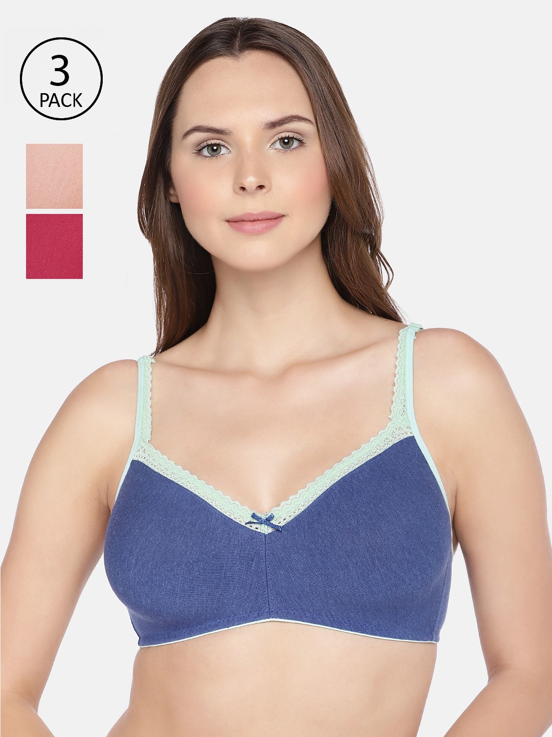 

Inner Sense Pack of 3 Organic Cotton Antimicrobial Soft Laced Bra ISB017A, Multi