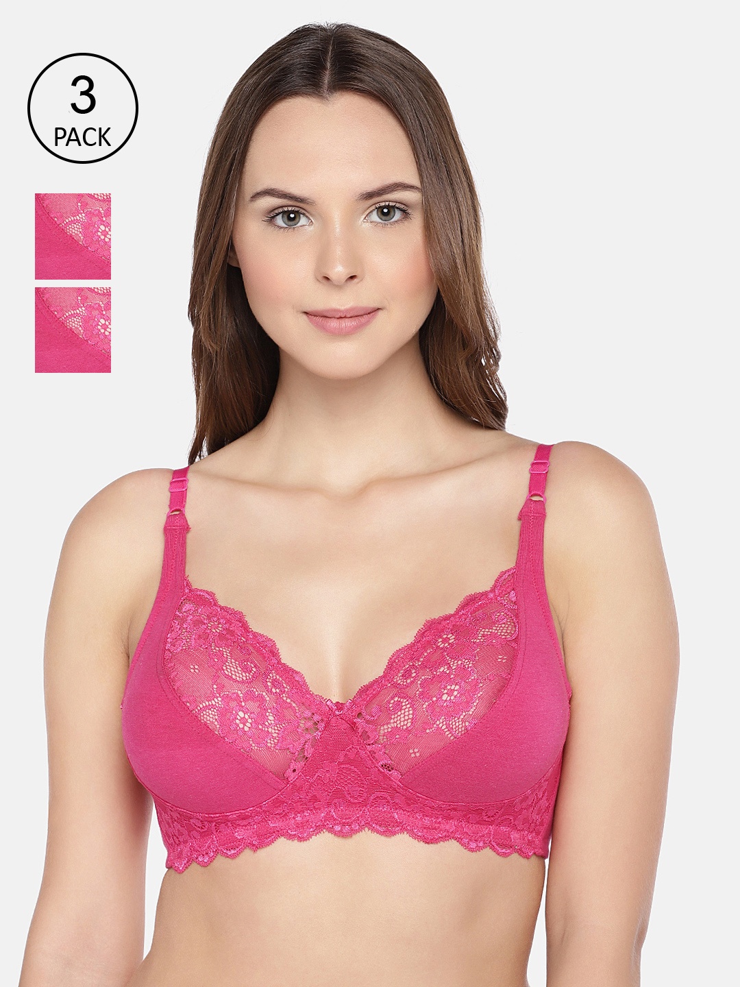 

Inner Sense Pack of 3 Organic Cotton Antimicrobial Laced non-Padded Bra ISB019, Fuchsia