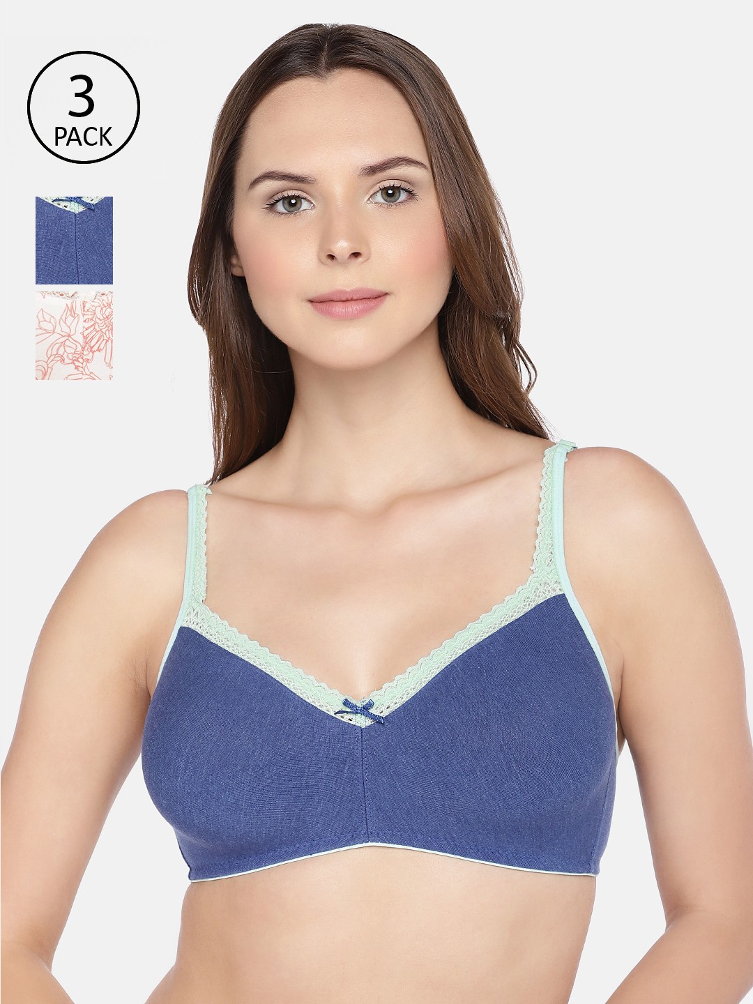 

Inner Sense Pack of 3 Organic Cotton Antimicrobial Soft Laced Sustainable Bra ISB017, Blue