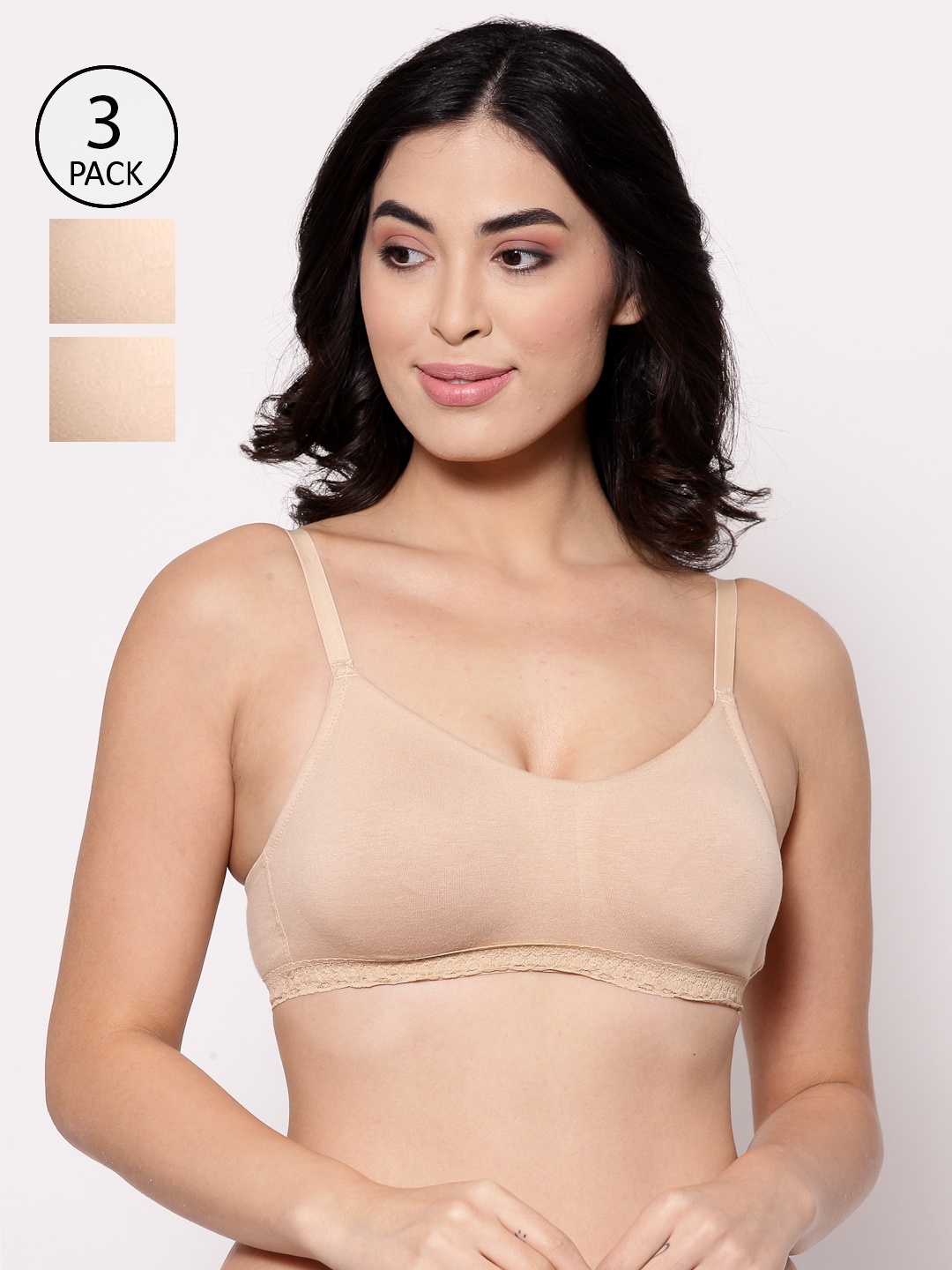 

Inner Sense Pack Of 3 Solid Organic Cotton Antimicrobial Non-Wired Everyday Sustainable Bras ISB054, Beige