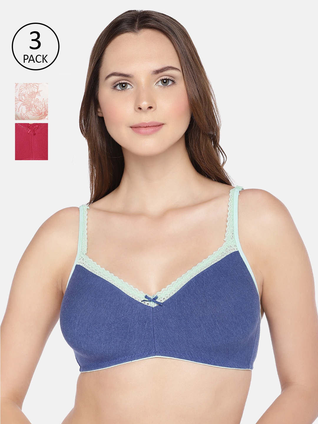 

Inner Sense Pack of 3 Organic Cotton Antimicrobial Soft Laced Sustainable Bra ISB017A, Blue