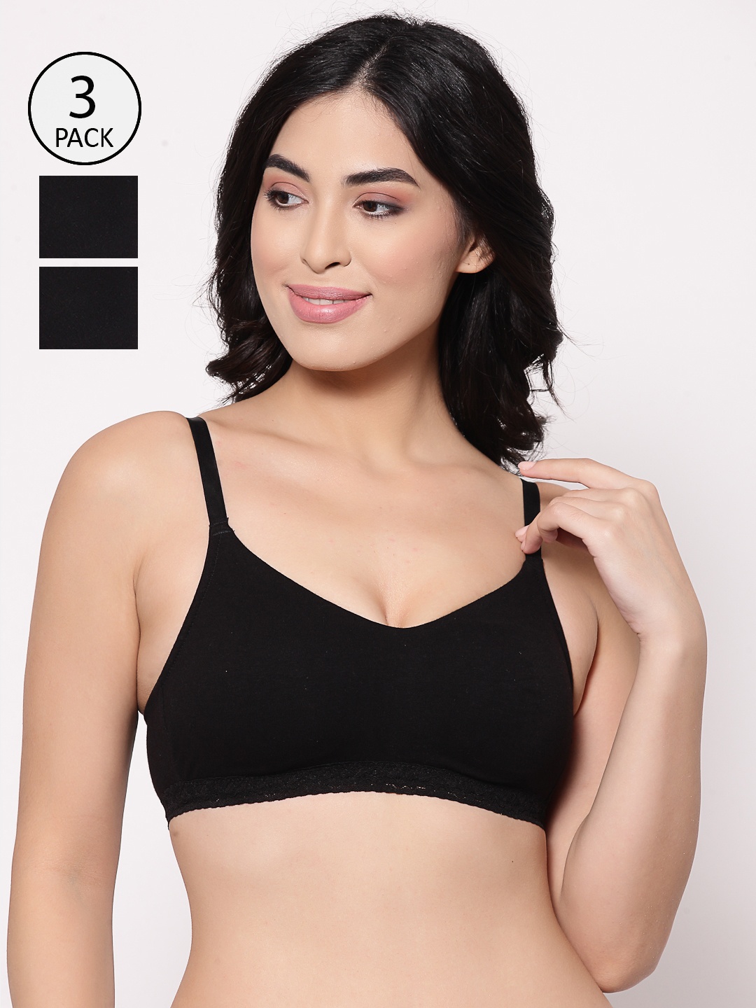 

Inner Sense Pack of 3 Organic Cotton Antimicrobial Seamless Laced Bra ISB054, Black