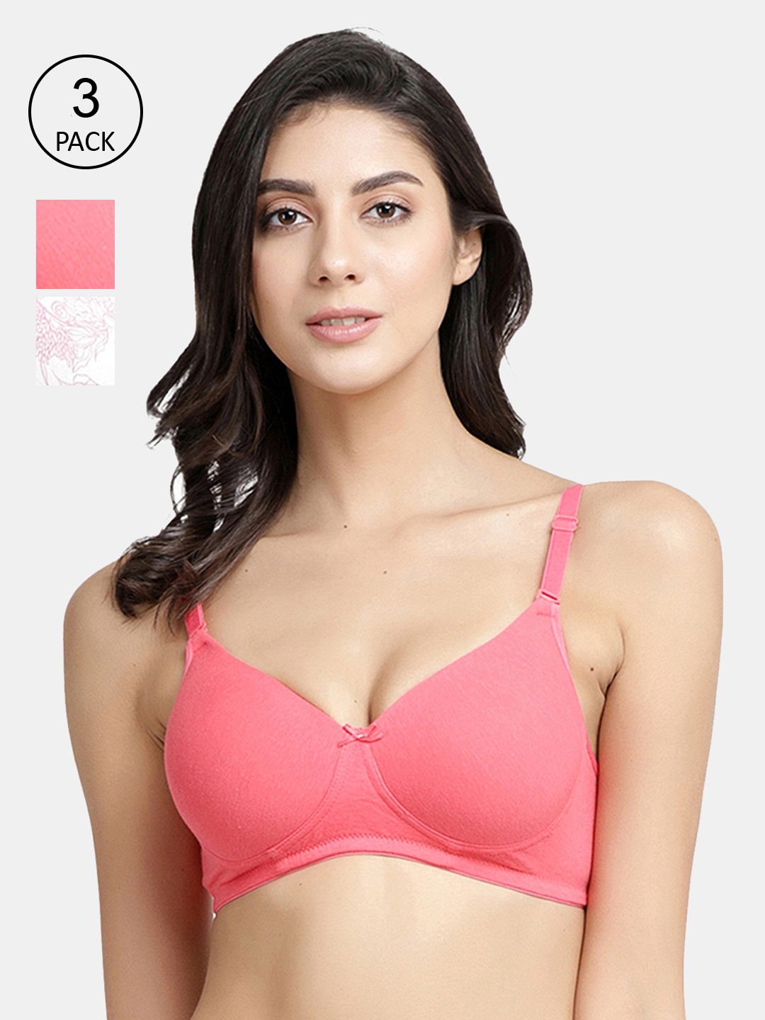 

Inner Sense Pack Of 3 Off-White & Pink Organic Cotton NonWired Lightly Padded T-shirt Bras