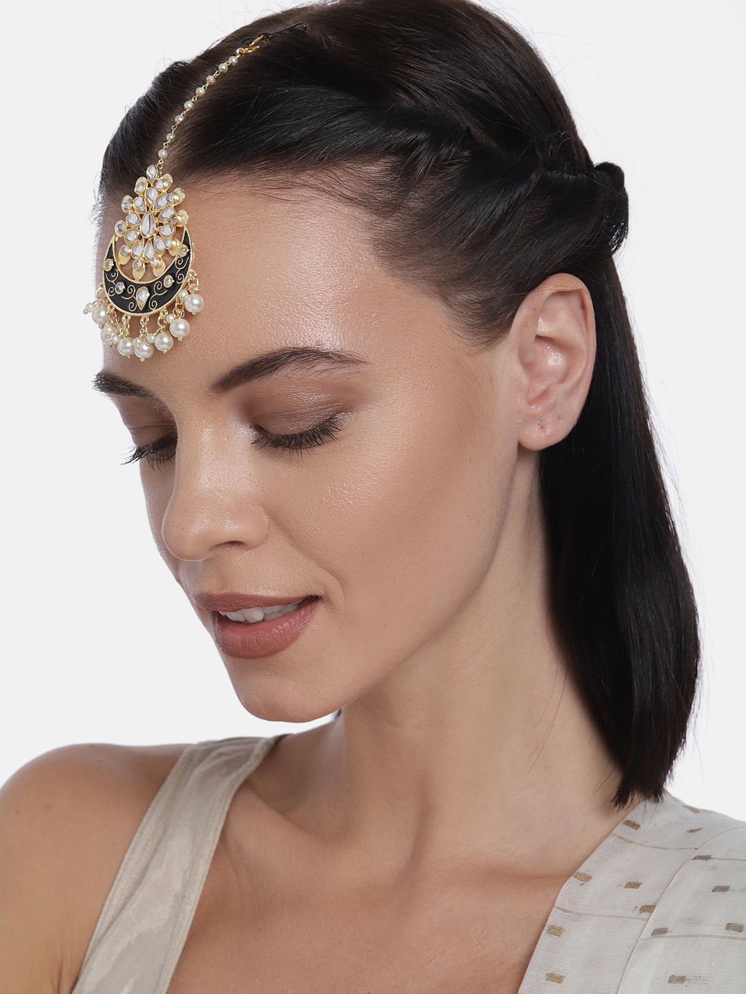

LAIDA Black Gold-Plated Kundan-Studded Handcrafted Maangtikka