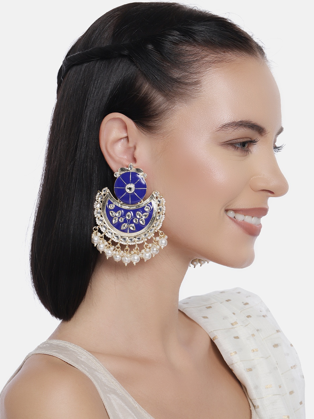 

LAIDA Blue Gold-Plated Handcrafted Enamelled Kundan & Pearl Classic Chandbalis