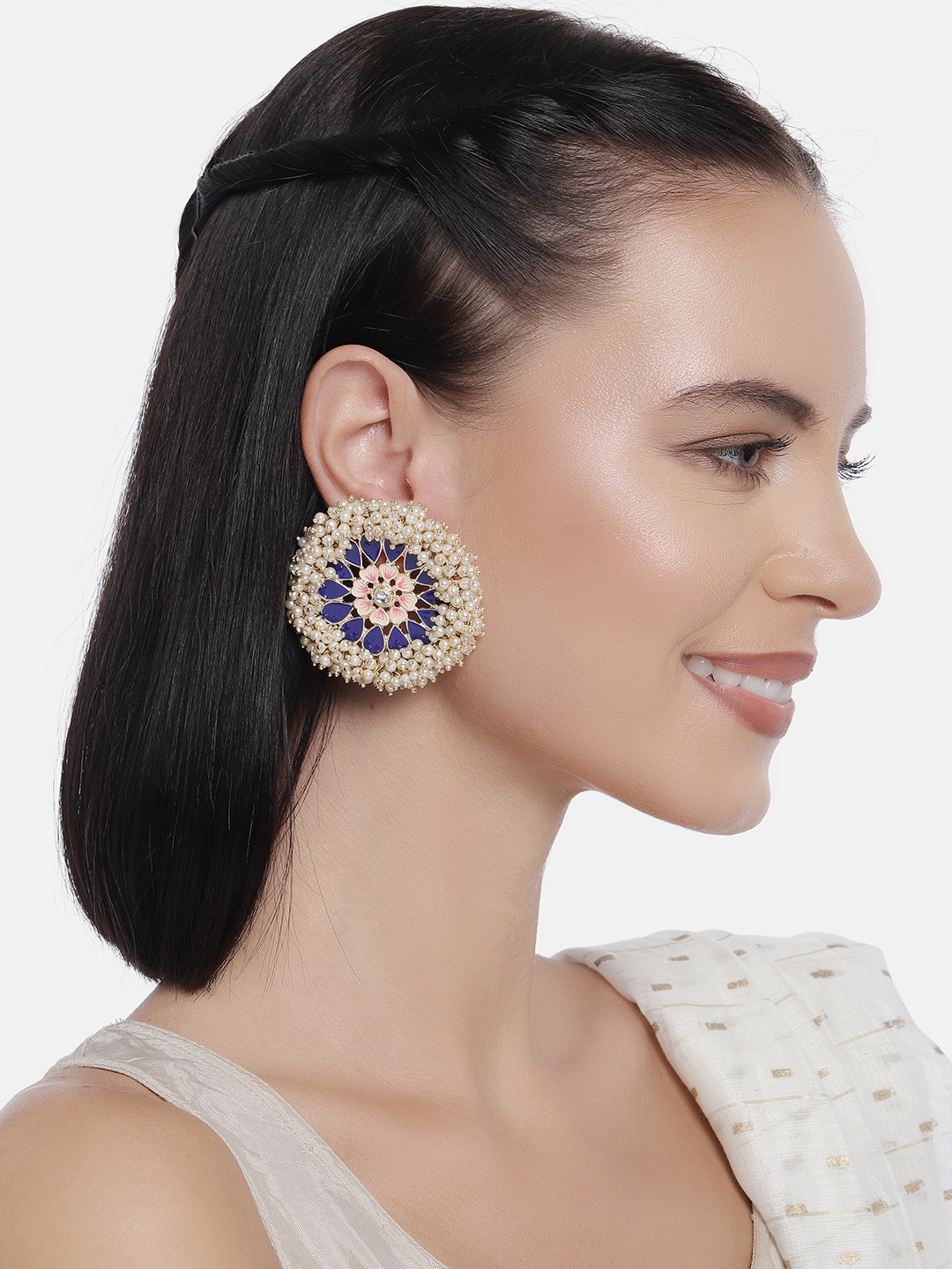 

LAIDA Blue Gold-Plated Enamelled Handcrafted Pearl Oversized Circular Studs