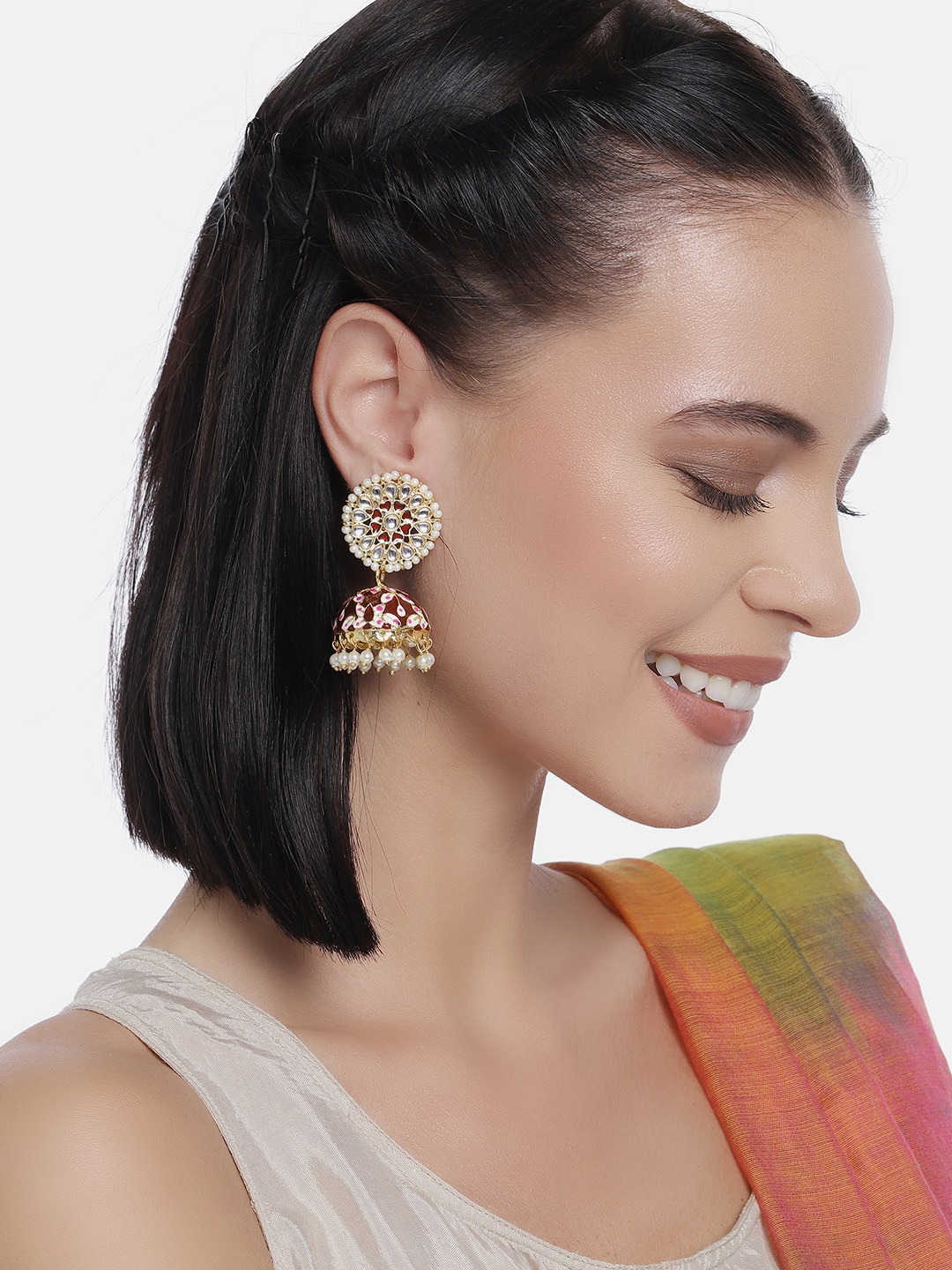 

LAIDA Gold-Plated & Maroon Embellished Dome Shaped Jhumkas