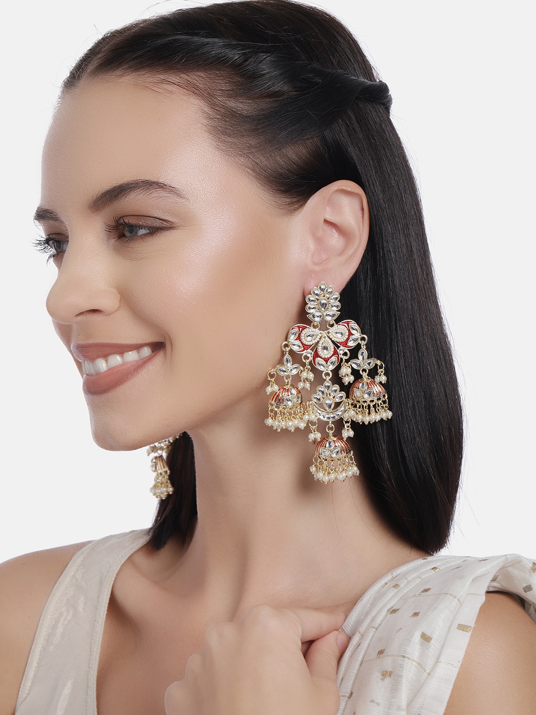 

LAIDA Gold-Plated & Maroon Meenakari Kundan Studded Contemporary Drop Earrings