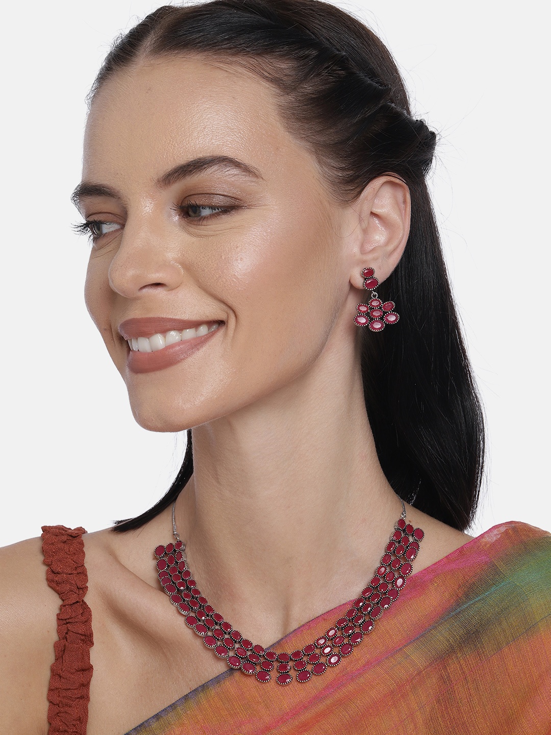 

LAIDA Silver-Plated Red Oxidized Stone Studded Jewellery Set
