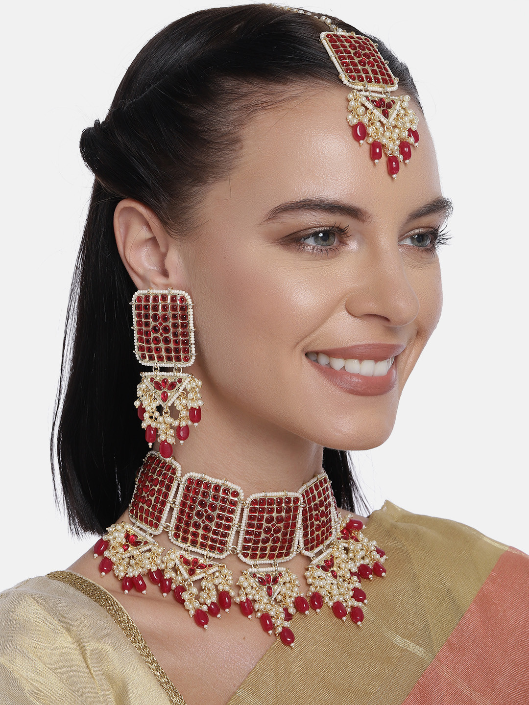 

LAIDA Gold-Plated And Red Pearl Kundan Studded Jewellery Set