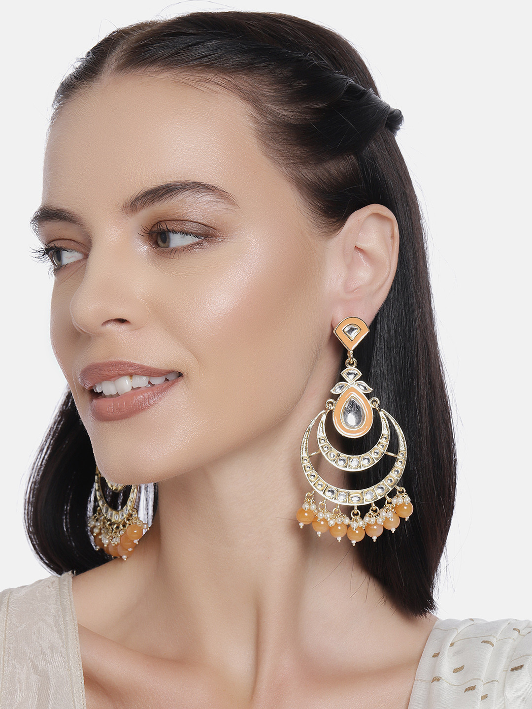 

LAIDA Gold-Plated & Orange Handcrafted Crescent Shaped Chandbalis