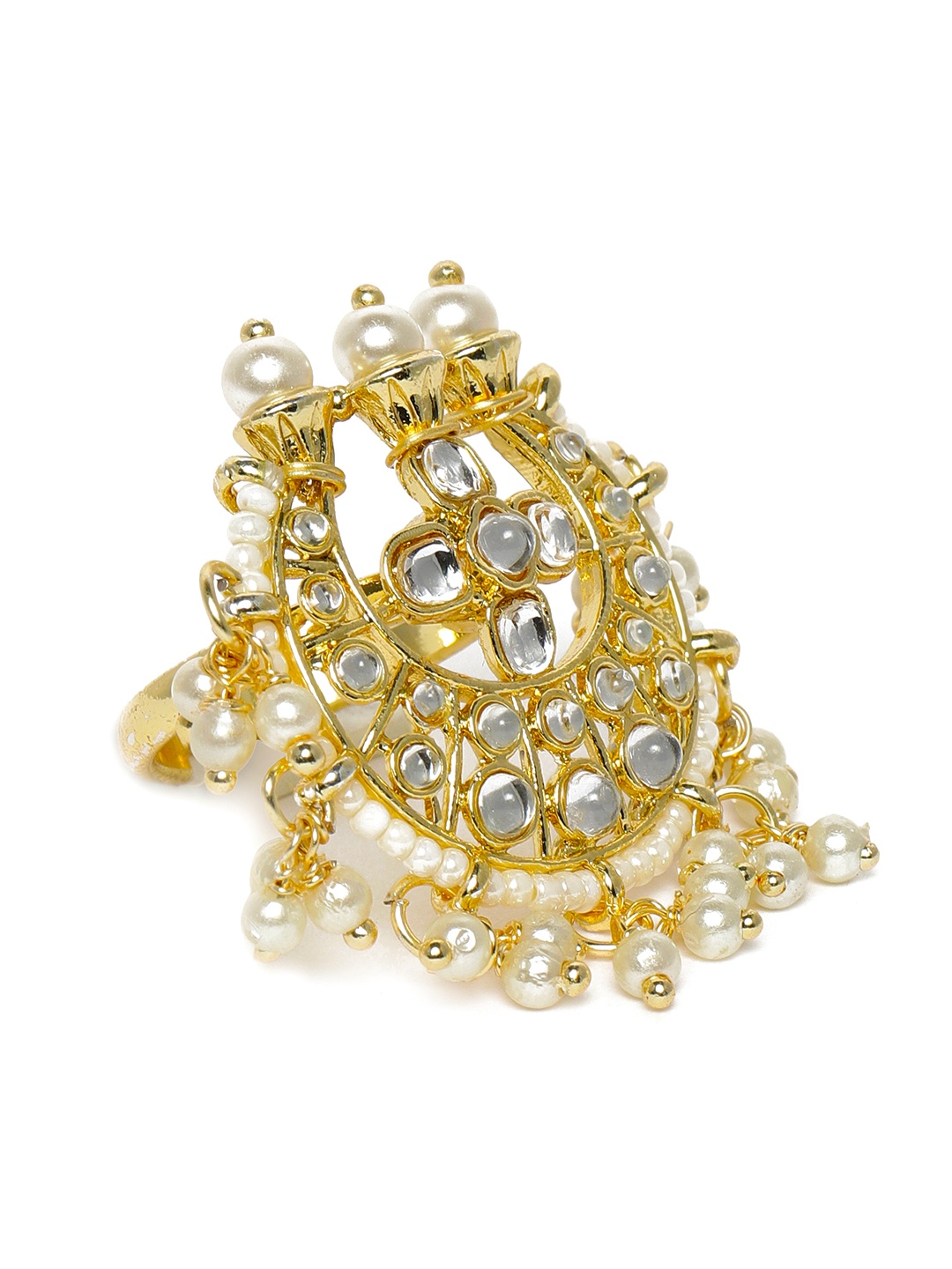 

LAIDA White & Gold-Toned Rhodium Plated Kundan Studded Adjustable Ring