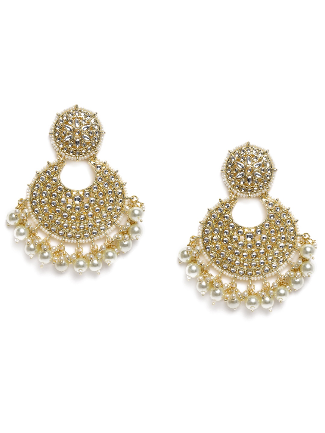 

LAIDA Gold-Plated & White Handcrafted Kundan Studded Crescent Shaped Chandbalis