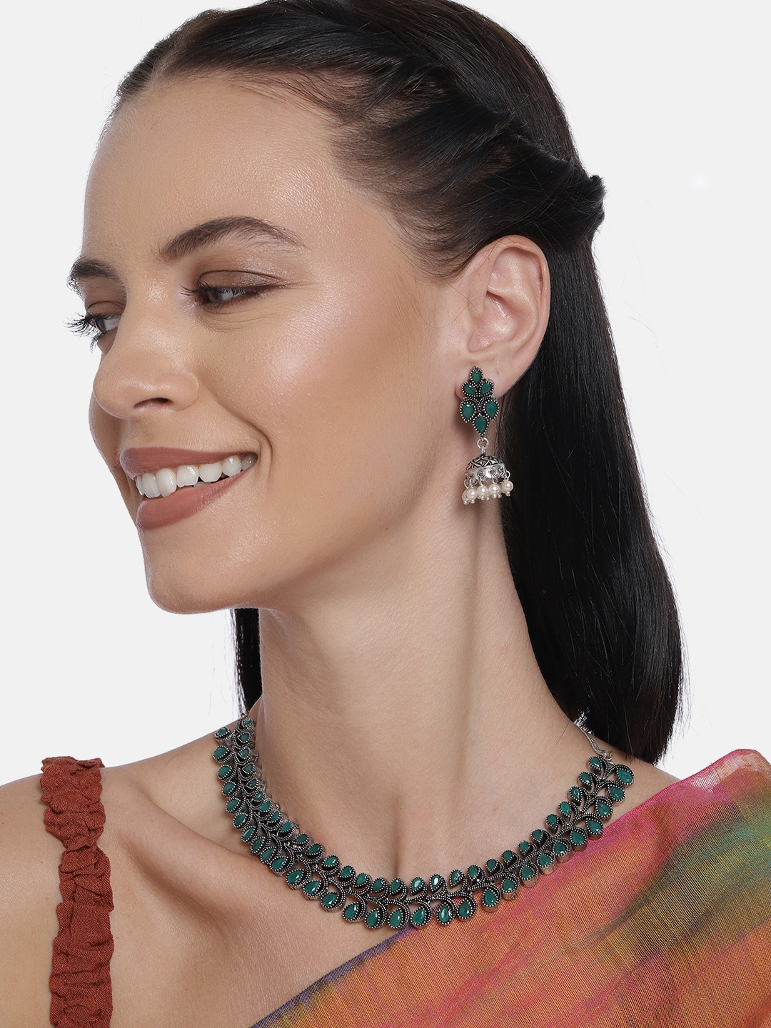 

LAIDA Green Silver-Plated Oxidized Handcrafted Jewellery Set