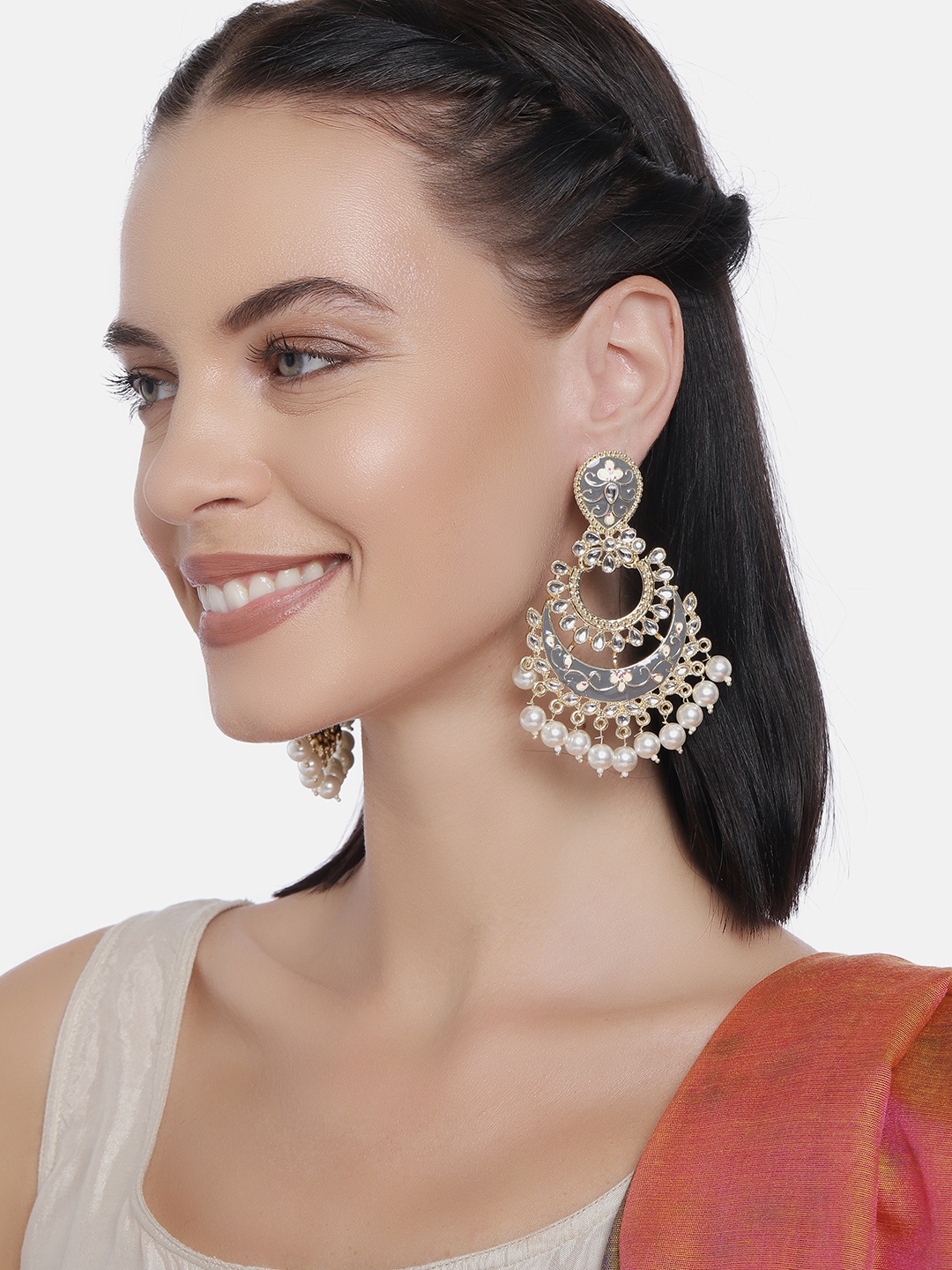 

LAIDA Gold-Plated & Grey Handcrafted Crescent Shaped Chandbalis
