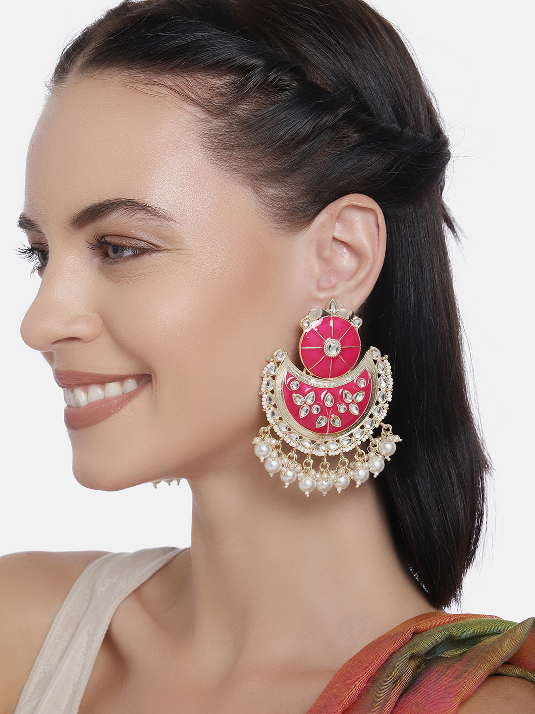 

LAIDA Gold-Plated & Pink Handcrafted Crescent Shaped Chandbalis