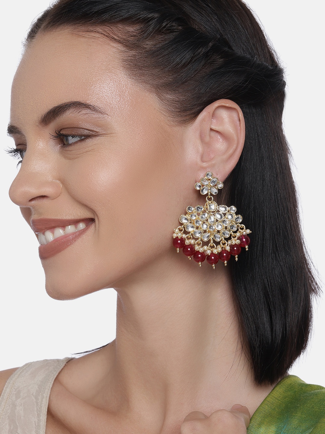 

LAIDA White & Maroon Gold Plated Kundan Studded Contemporary Drop Earrings