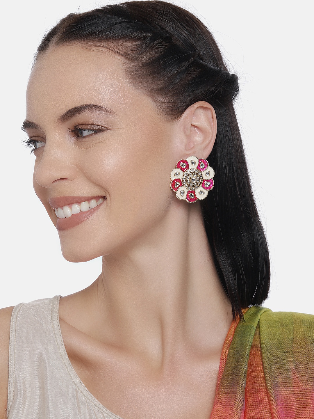 

LAIDA Pink & Off-White Gold-Plated Circular Handcrafted Studs