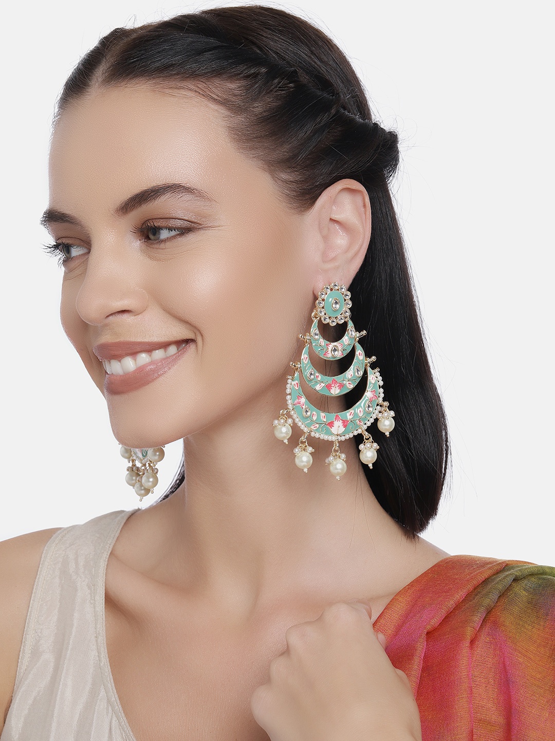 

LAIDA Gold-Plated & Green Crescent Shaped Handcrafted Drop Earrings