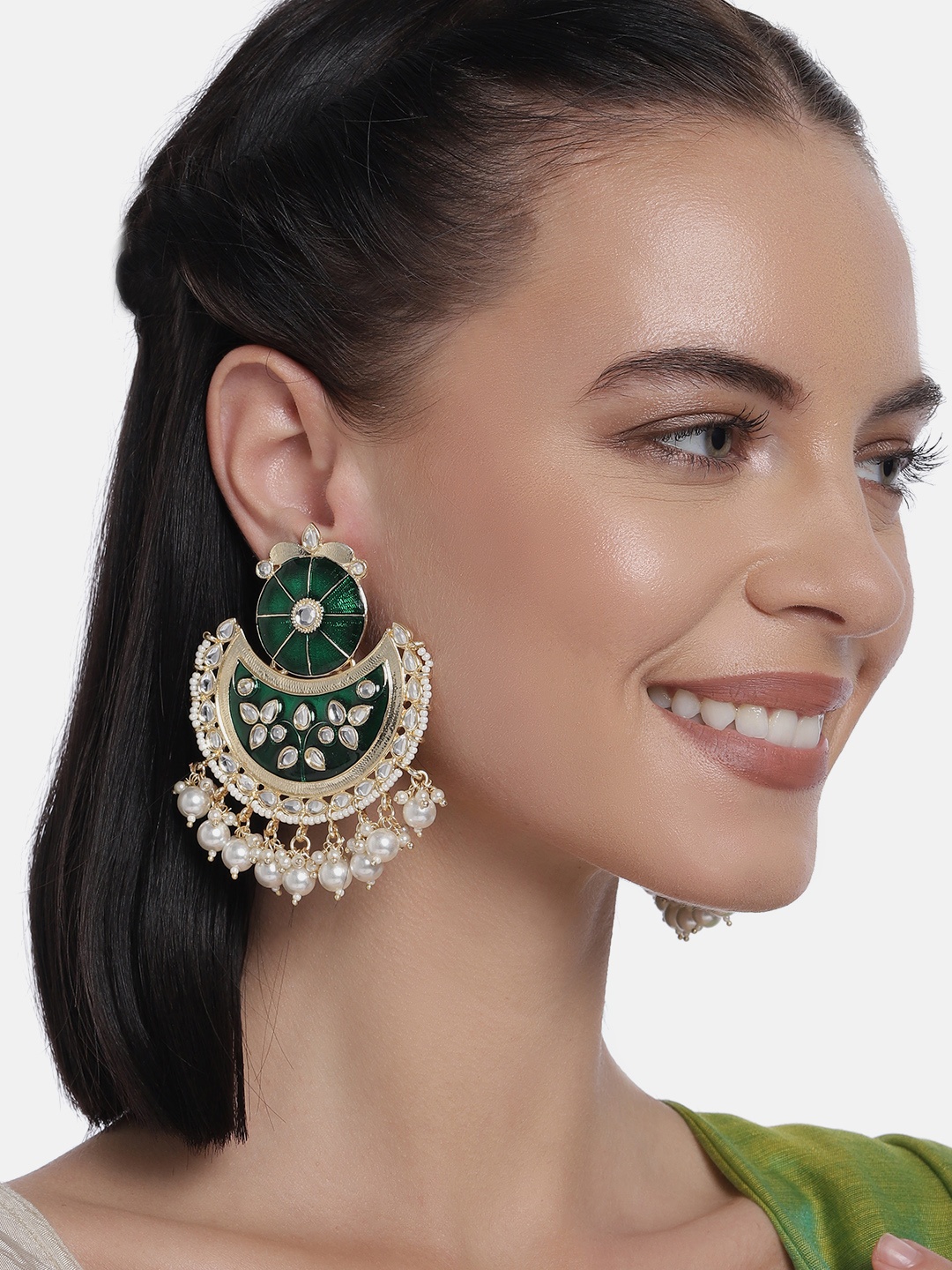 

LAIDA Green & Gold-Plated Handcrafted Kundan Chandbali Earrings