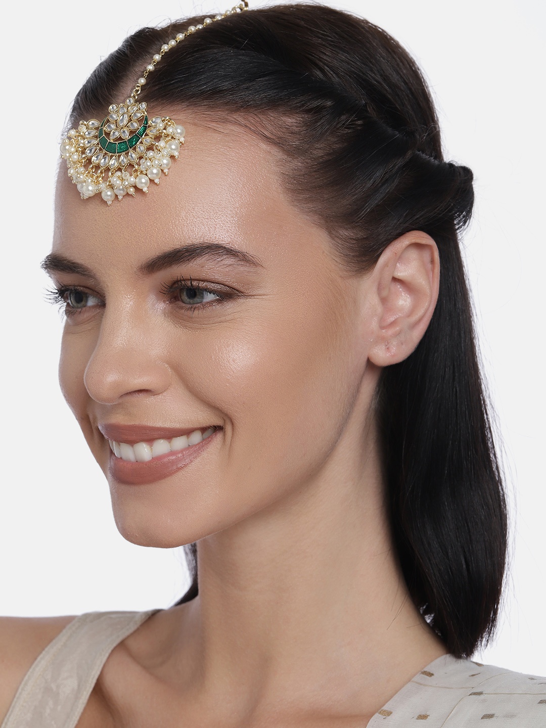 

LAIDA Green Gold Plated Hand Crafted Kundan Studded Maang Tikka