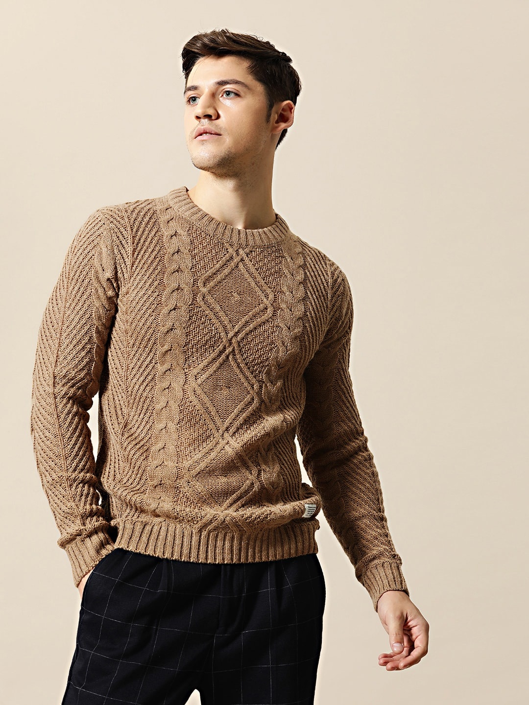 

Mr Bowerbird Men Beige Self Design Pullover Sweater