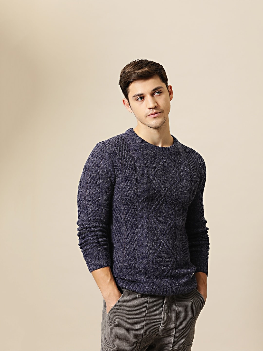 

Mr Bowerbird Men Navy Blue Self Design Pullover Sweater