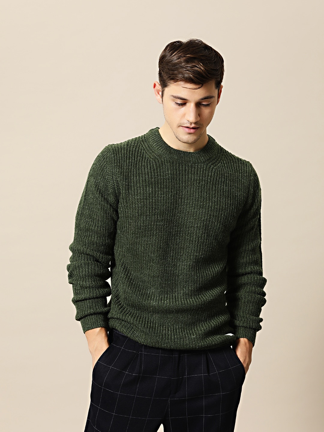 

Mr Bowerbird Men Olive Green Solid Pullover Sweater