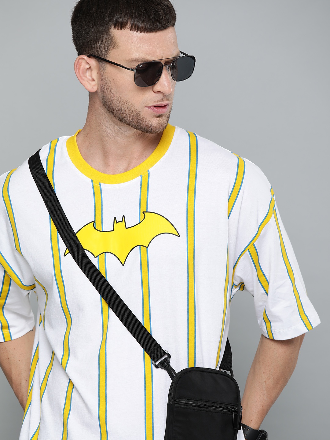 

Kook N Keech Batman Men White Yellow Pure Cotton Striped Round Neck Pure Cotton Oversized T-shirt