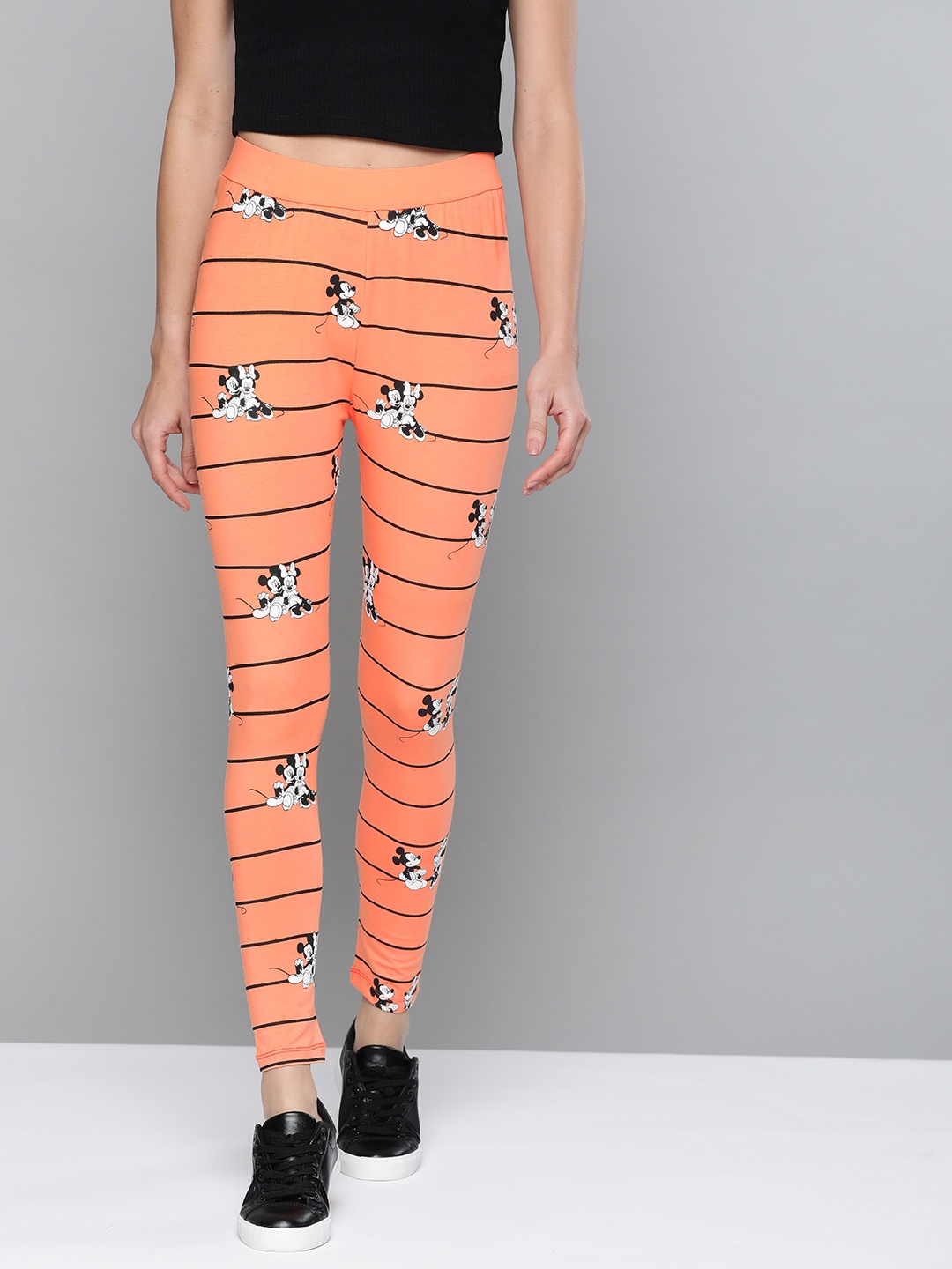 

Kook N Keech Disney Women Coral Orange & Black Mickey & Minnie Printed Leggings