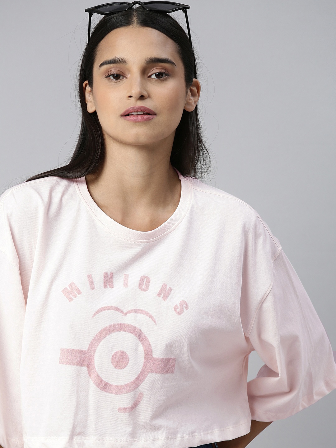 

Minions by Kook N Keech Women Off White Pink Printed Extended Sleeves Pure Cotton T-shirt
