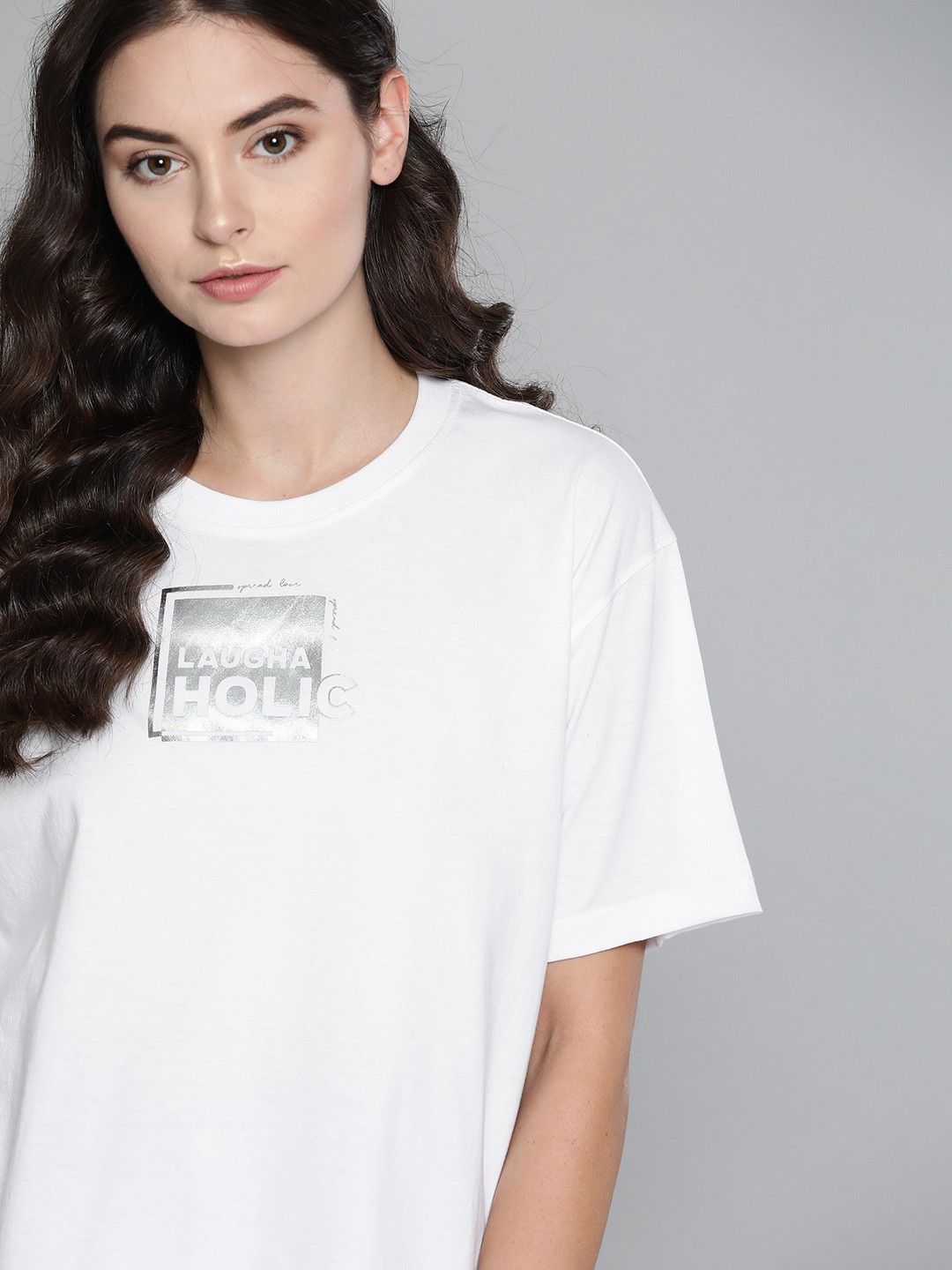 

Kook N Keech Women White & Silver Printed Round Neck Boxy Fit T-shirt